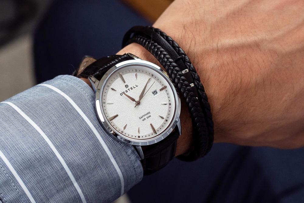 Zegarek męski DESTELL Pictor Silver Black Leather Sapphire