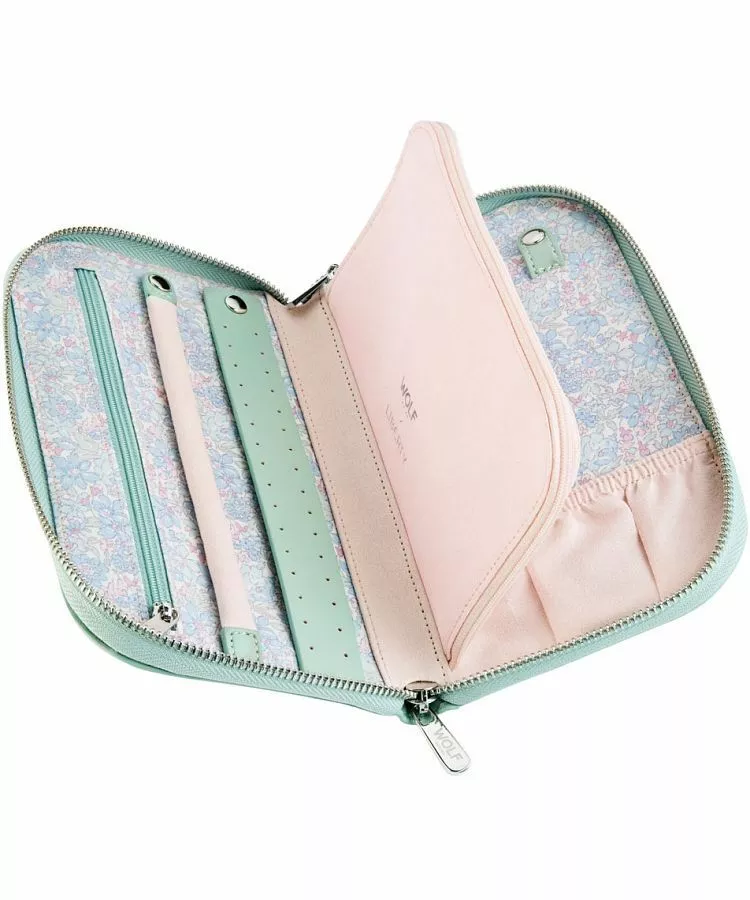 Kosmetyczka podróżna na biżuterię Wolf x Liberty Julia Interior Print Sage zamykna na zamek 381451