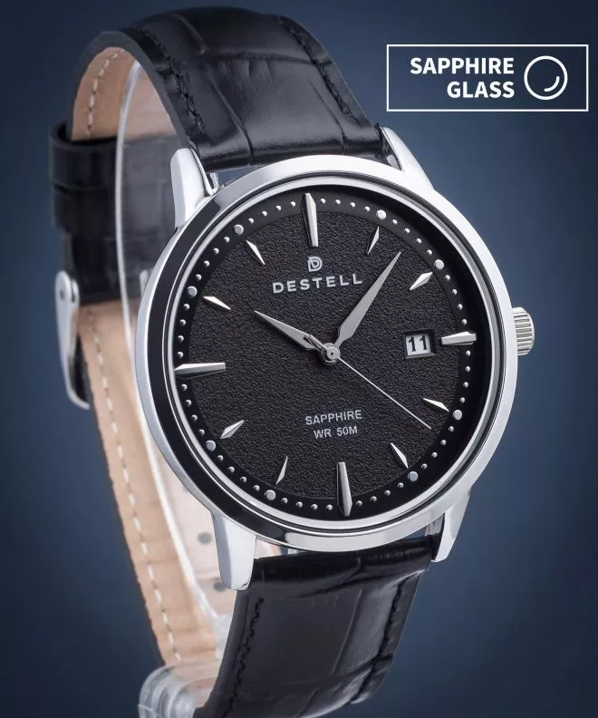 Zegarek męski DESTELL Pictor Black Silver Leather Sapphire PT405-15-201L