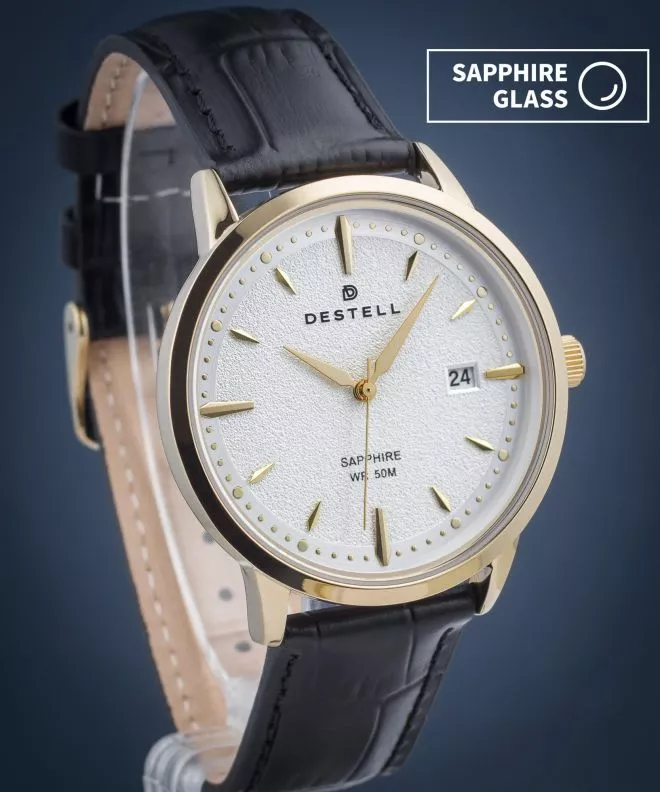 Zegarek męski DESTELL Pictor Silver Gold Black Leather Sapphire PT404-55-201L