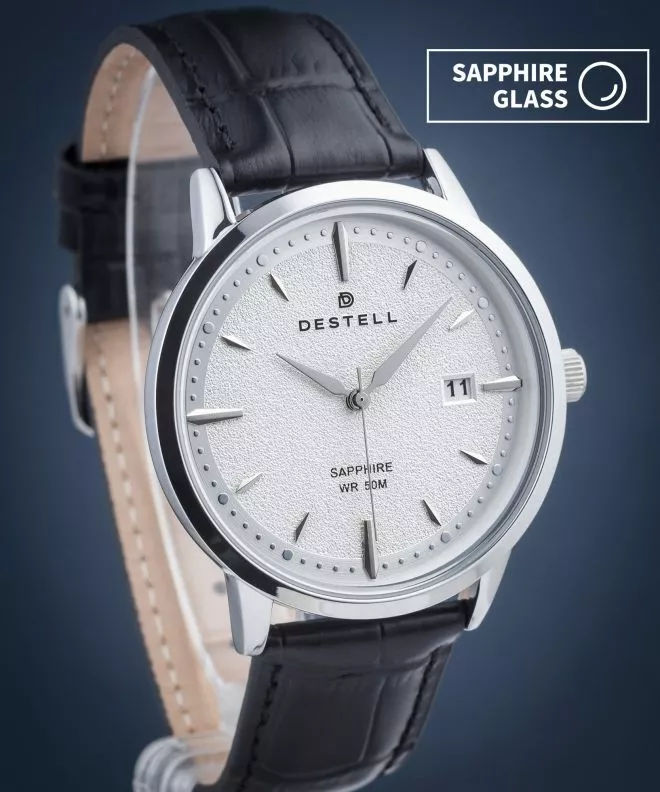 Zegarek męski DESTELL Pictor Silver Black Leather Sapphire PT405-55-201L
