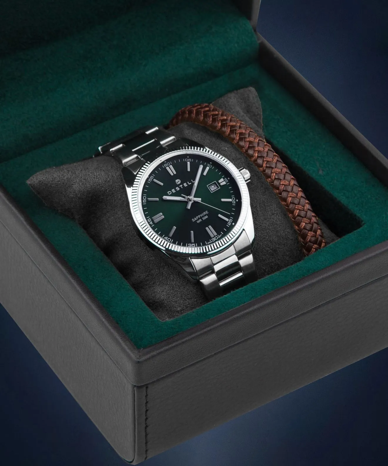 Zegarek męski DESTELL Loup Green Silver Steel Sapphire Gift Set LU3855-05-205S-9520-02