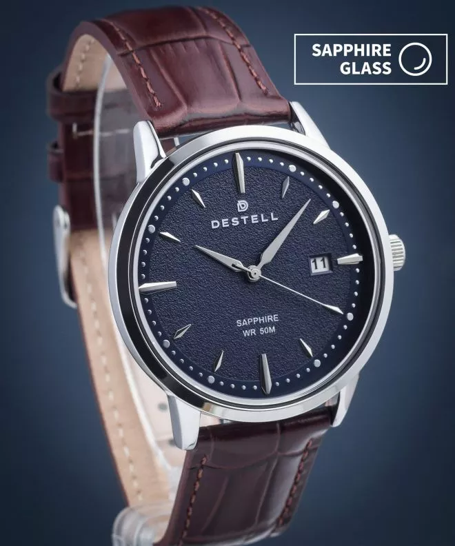 Zegarek męski DESTELL Pictor Blue Silver Brown Leather Sapphire PT405-35-209L
