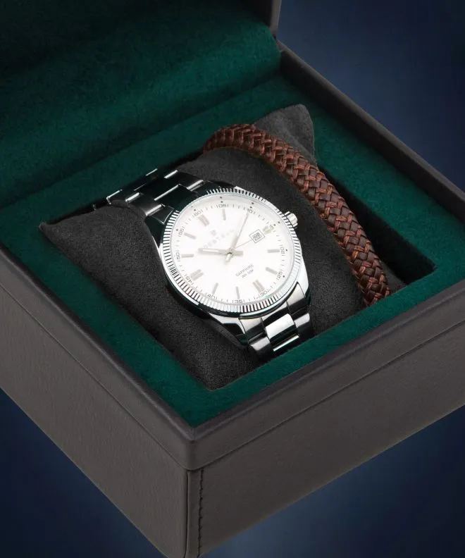 Zegarek męski DESTELL Loup White Silver Steel Sapphire Gift Set LU3855-25-205S-1520-03