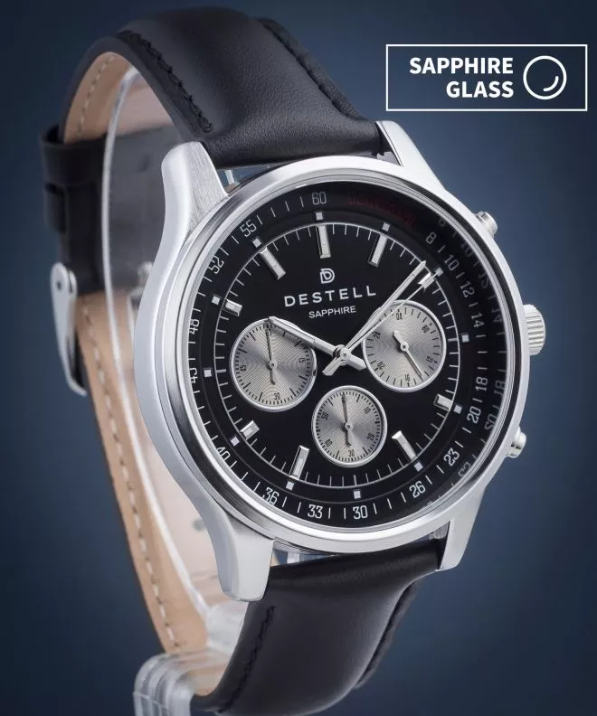 Zegarek męski DESTELL Circinus Black Silver Leather Chronograph Sapphire CR415-15-201L