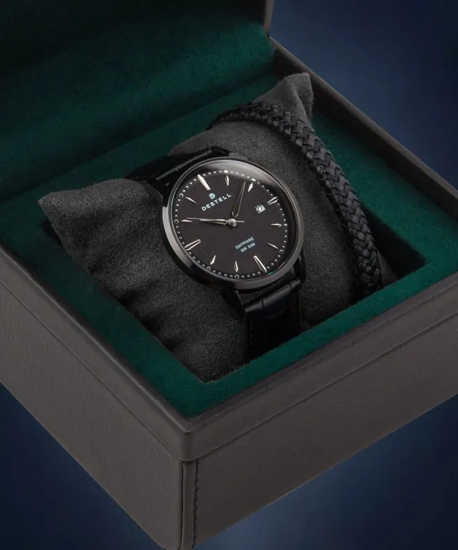 Zegarek męski DESTELL Pictor Full Black Leather Sapphire Gift Set PT401-12-201L-1520-01