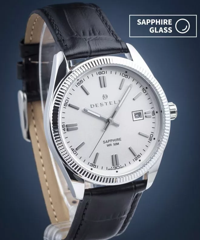 Zegarek męski DESTELL Loup White Silver Black Leather Sapphire LU3855-25-201L