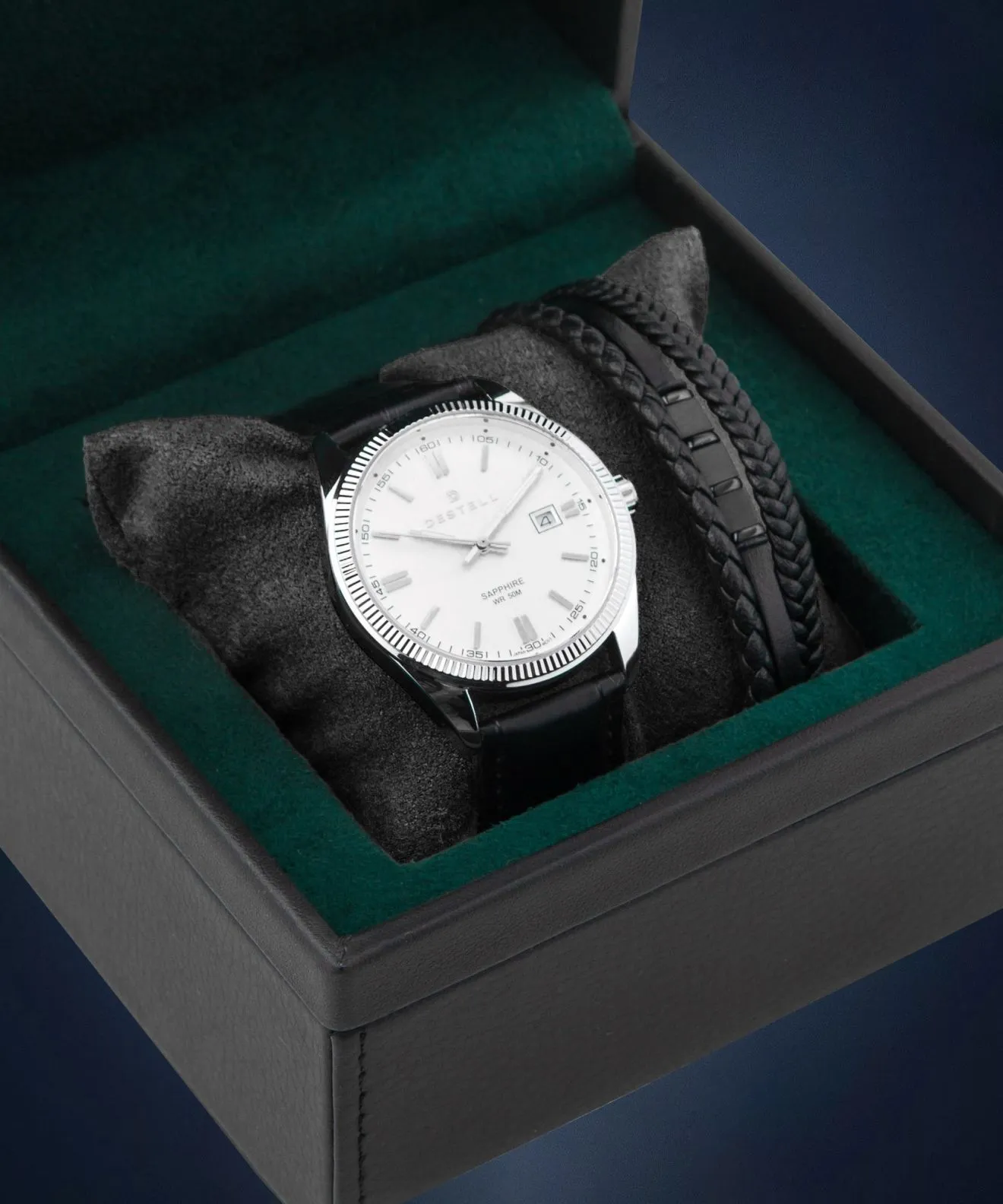 Zegarek męski DESTELL Loup White Silver Black Leather Sapphire Gift Set LU3855-25-201L-1120-04