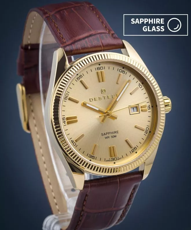 Zegarek męski DESTELL Loup Gold Brown Leather Sapphire LU3854-44-209L