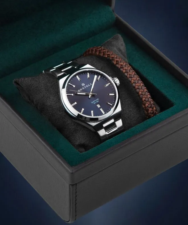 Zegarek męski DESTELL Aries Navy Blue Silver Steel Sapphire Gift Set AR405-35-205S-9520-02