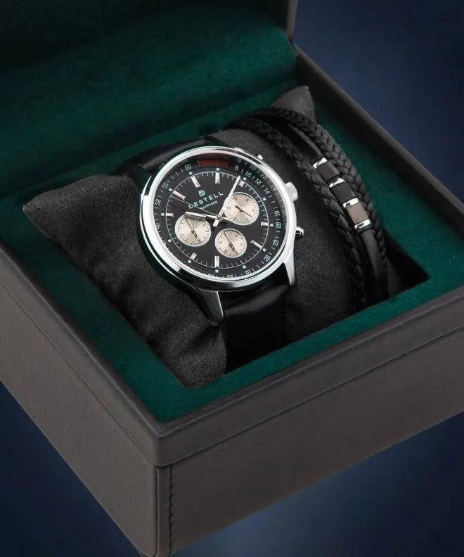 Zegarek męski DESTELL Circinus Black Silver Leather Chronograph Sapphire Gift Set CR415-15-201L-1520-03
