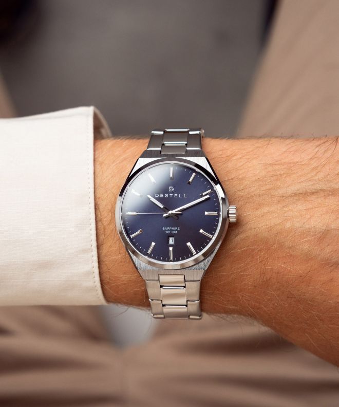 Zegarek męski DESTELL Aries Navy Blue Silver Steel Sapphire