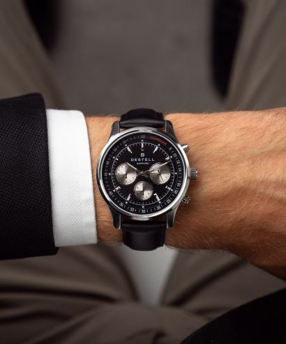 Zegarek męski DESTELL Circinus Black Silver Leather Chronograph Sapphire Gift Set
