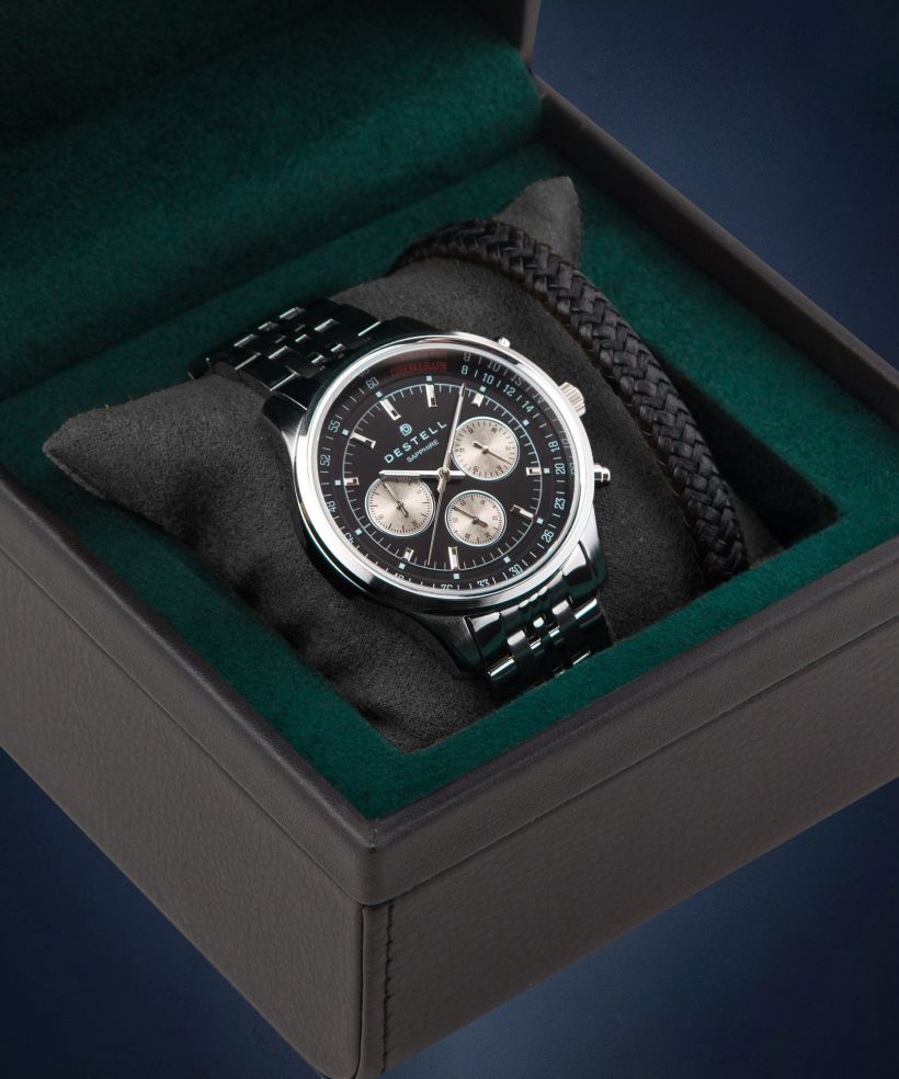 Zegarek męski DESTELL Circinus Black Silver Steel Chronograph Sapphire Gift Set