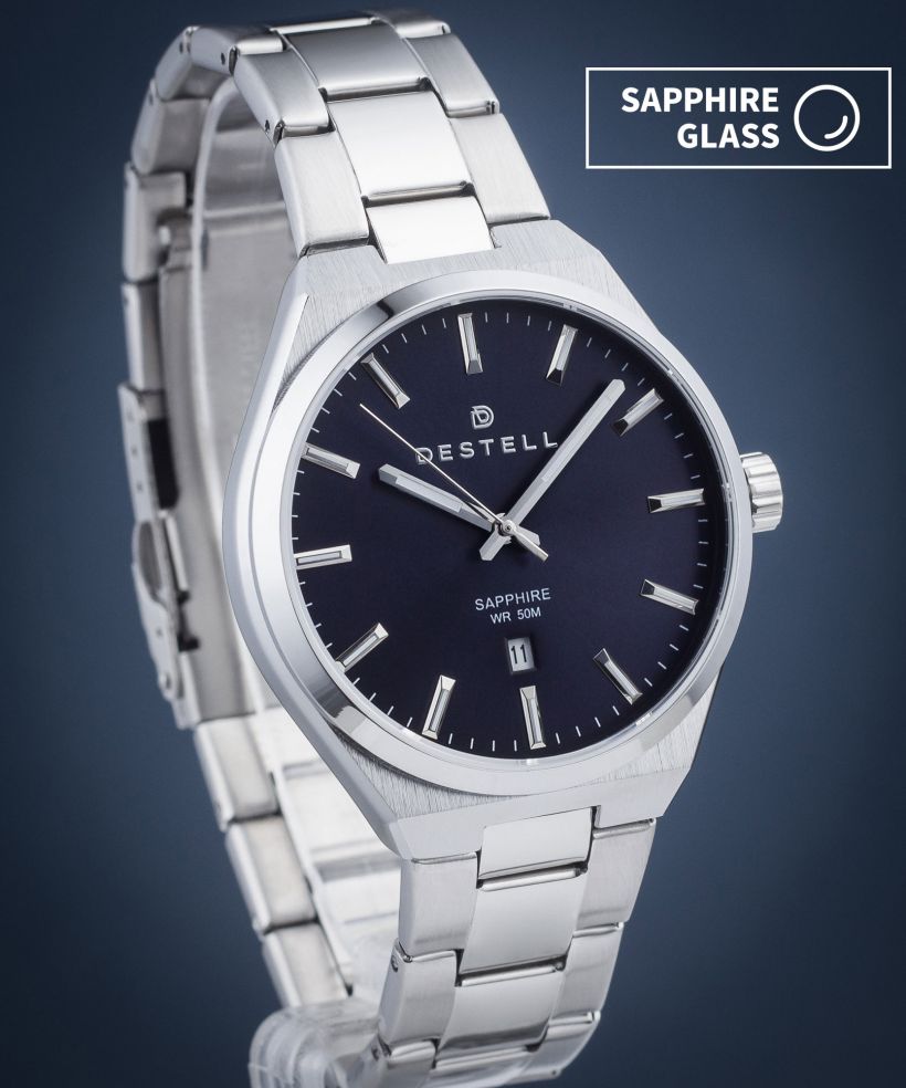 Zegarek męski DESTELL Aries Navy Blue Silver Steel Sapphire