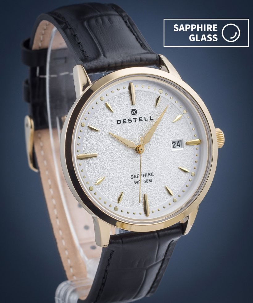 Zegarek męski DESTELL Pictor Silver Gold Black Leather Sapphire