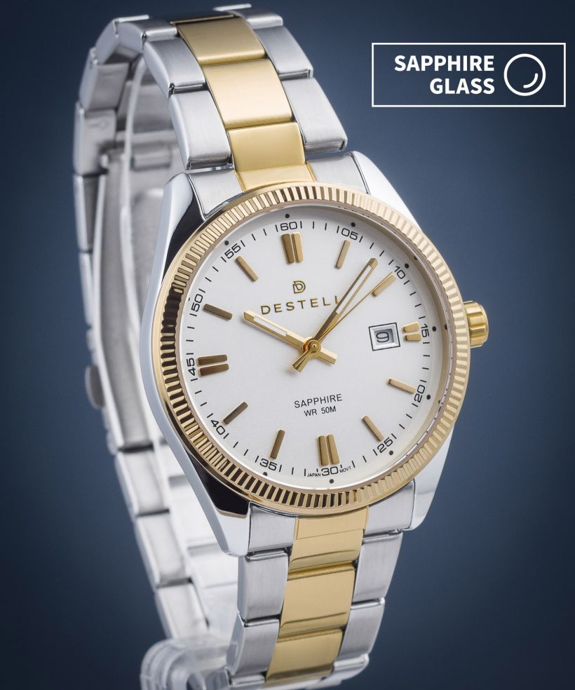 Zegarek męski DESTELL Loup White Silver-Gold Steel Sapphire
