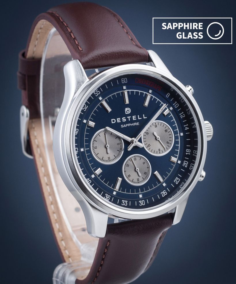 Zegarek męski DESTELL Circinus Navy Blue Silver Brown Leather Chronograph Sapphire