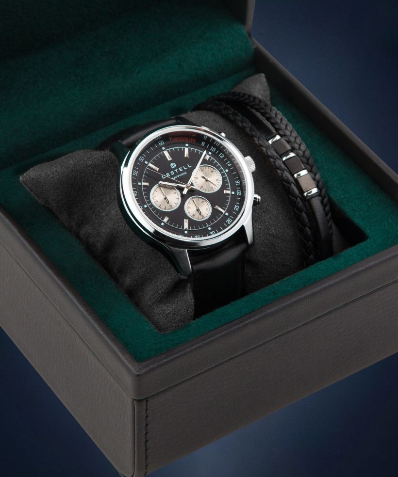 Zegarek męski DESTELL Circinus Black Silver Leather Chronograph Sapphire Gift Set